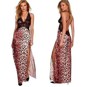 NWT Fredericks of Hollywood Satin Maxi Gown Sz.S Leopard Print Black Lace Sheer